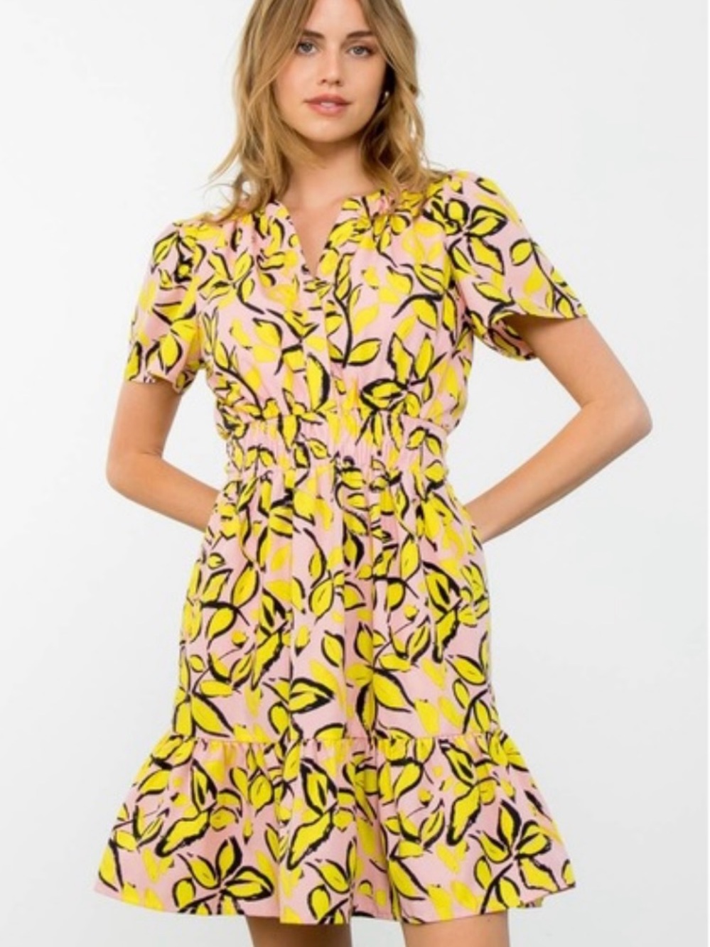 THML Pink & Yellow Floral Short Sleeve Smocked Waist Dress Leaf